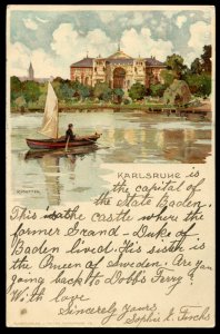 Karlsruhe. Castle on lake. J. Velten vintage postcard. K. Mutter artist