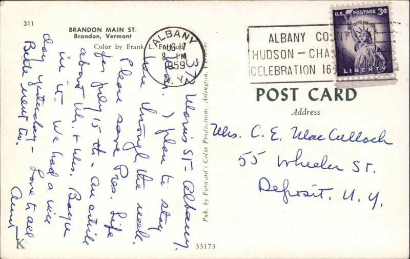 Brandon Vermont VT Main St. Cars 1950s-60s Postcard