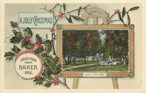 c1907 Postcard 2252 Christmas Greetings Baker OR Scene in Park, Holly Vignette