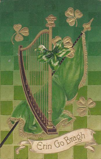 Saint Patrick's Day Gold Harp With Flag and Shamrocks 1913