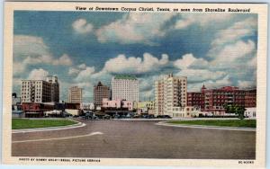 CORPUS CHRISTI, Texas  TX   DOWNTOWN from Shoreline Boulevard  c1940s  Postcard