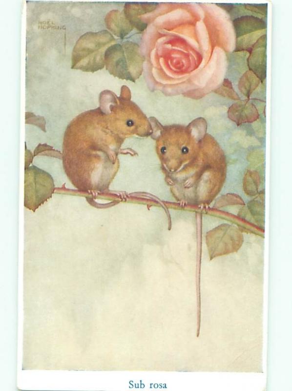 Pre-1980 Mouse signed MICE SITTING ON BRANCH UNDER FLOWER AC7074