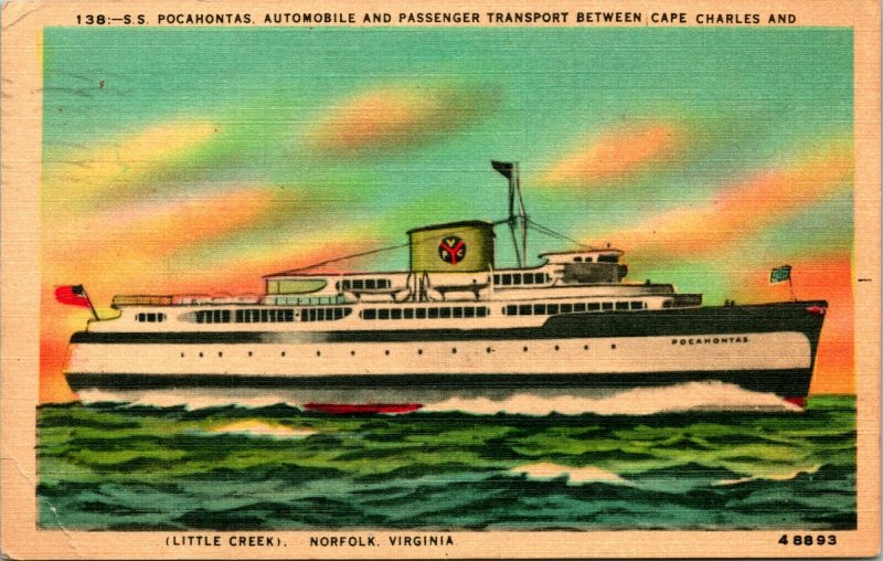 Vtg Linen Postcard Norfolk / Cape Charles Virginia SS Pocahontas Transport Ship