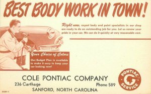 Advertising Auto Body Shop Cole Pontiac Sandford North Carolina Postcard 21-4062