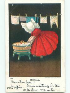 Pre-1907 SUNBONNET TWIN DOES LAUNDRY ON MONDAY k6868