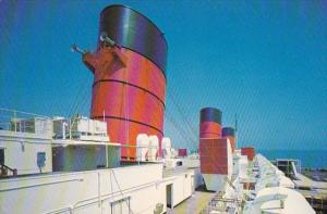 Queen Mary Viewed From FOrward Docking Bridge Showing 3 Funnels & Lifeboats