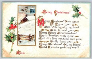 Merry Christmas! Holly, Rural Winter Scene, Antique Embossed Greeting Postcard