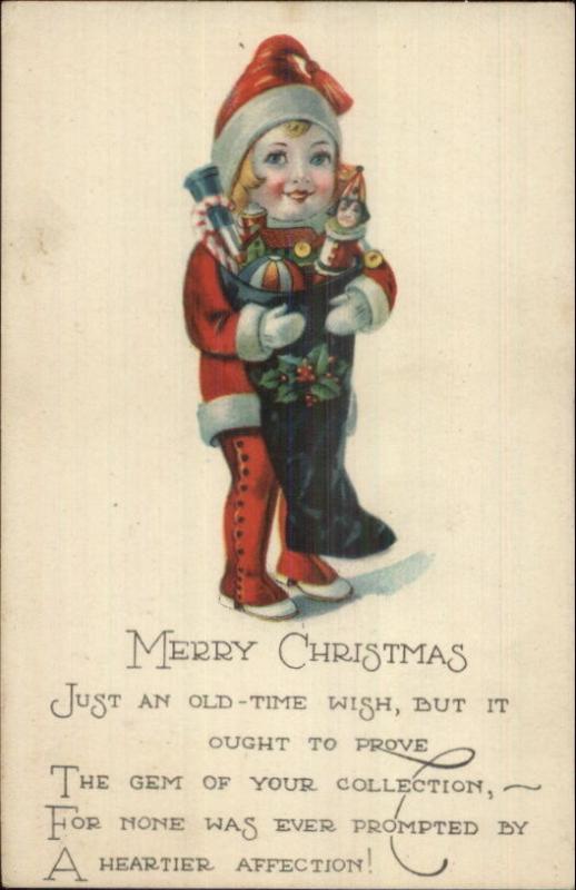 Christmas - Child Dressed Up Like Santa Claus w/ Stocking c1915 Postcard