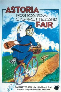 Astoria Postcard & Cigarette Card Fair Ad. by Fred Camp - bicycle postman owl