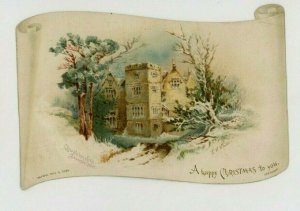 1880s-90s Raphael Tuck Christmas Die-Cut Card Scroll Stone Church Winter *M