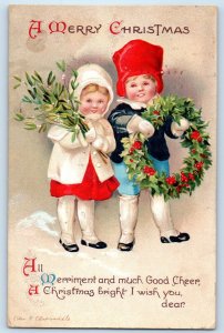 1914 Christmas Children Mistletoe Holly Berries Ellen Clapsaddle Signed Postcard