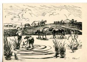 154273 MONGOLIA Boys in Water HORSES by Bazaryn OLD PC