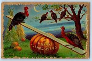 Little Falls New York NY Postcard Thanksgiving Turkey See Saw Embossed 1910