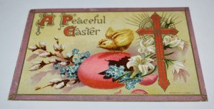 A Peaceful Easter Red Cross Red Egg Chick Blue Flowers Embossed Postcard