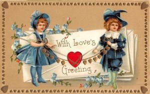 With Love Greeting Fancy Dressed Blue Children Letter Antique Postcard K49775 