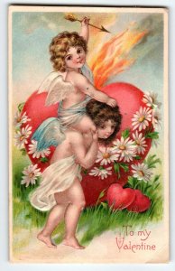 Valentine Postcard Two Cherub Angels Piggy Back Flaming Heart BW Germany 1909