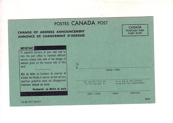 Canada Post, Change of Address Announcement 1966