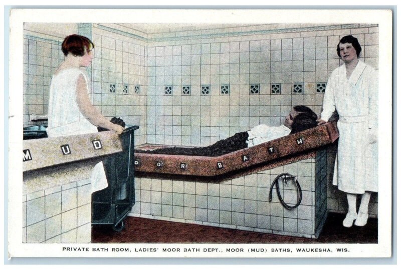 c1920 Private Bath Room Ladies Dept. Bath Moor Mud Waukesha Wisconsin Postcard