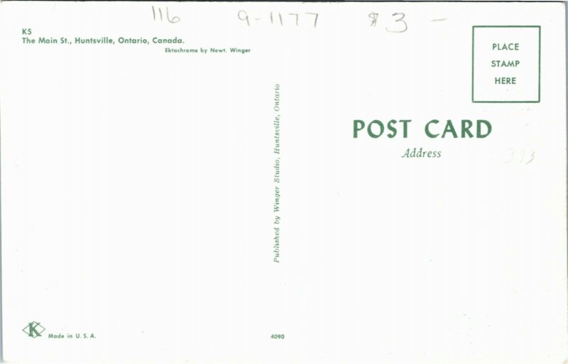 Postcard ON Huntsville The Main Street Classic Cars Restaurant Bowling 1950s K60