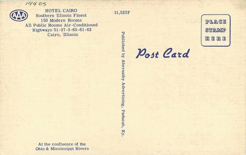 Abernathy autos Cairo Illinois Hotel Cairo roadside 1940s Postcard 6205