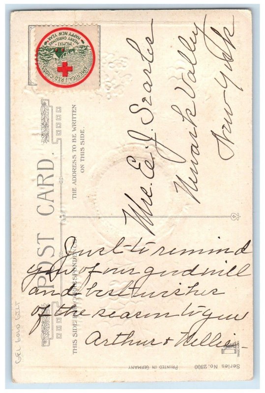 c1910's Christmas Holly Berries Windmill Pansies Flowers Gel Gold Gilt Postcard