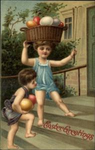 Easter - Little Girls w/ Easter Eggs - BEAUTIFULLY EMBOSS...