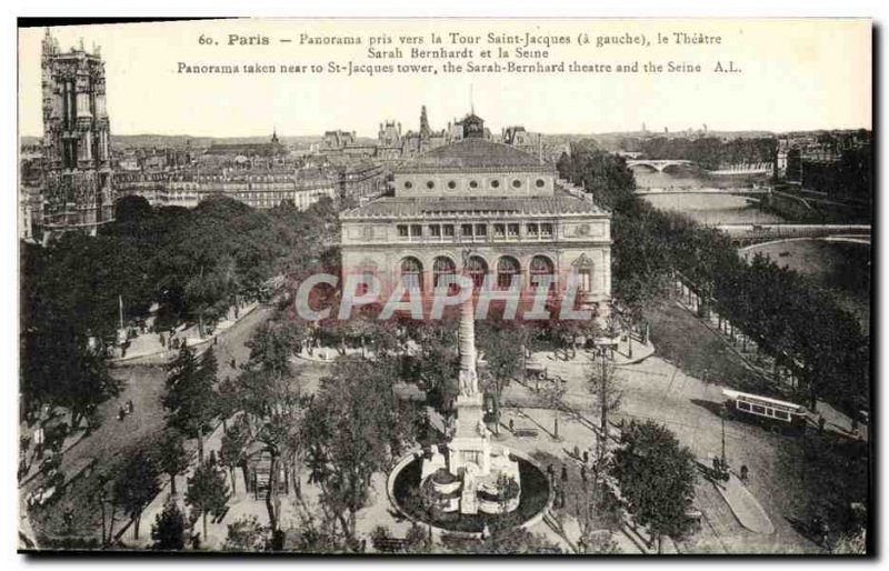 Old Postcard Paris Panorama Taken Toward the Tour Saint Jacques Theater Sarah...