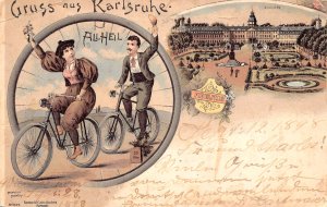 KARLSRUHE GERMANY~ALL HEIL-MAN & WOMAN RIDE BICYCLE-COUPLE a VELO~1898 POSTCARD