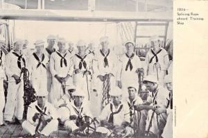 UNITED STATES SAILORS-SPLICING ROPE ABOARD TRAINING SHIP~MILITARY POSTCARD 1908