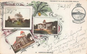 HONOLULU SCHOOLS PUNAHOU COLLEGE KAMEHAMEHA HAWAII POSTCARD 1908