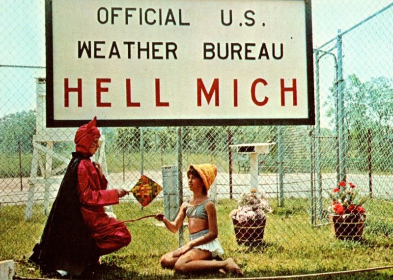 Vintage Hell Michigan Devil Kids Pickney Area Weather Bureau Postcard P222 