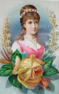1880s Lovely Fancy Lady With Large Yellow Rose Victorian Card F8 
