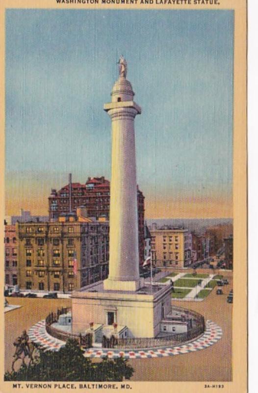 Maryland Baltimore Mt Vernon Place Washington Monument and Lafayette Statue 1...