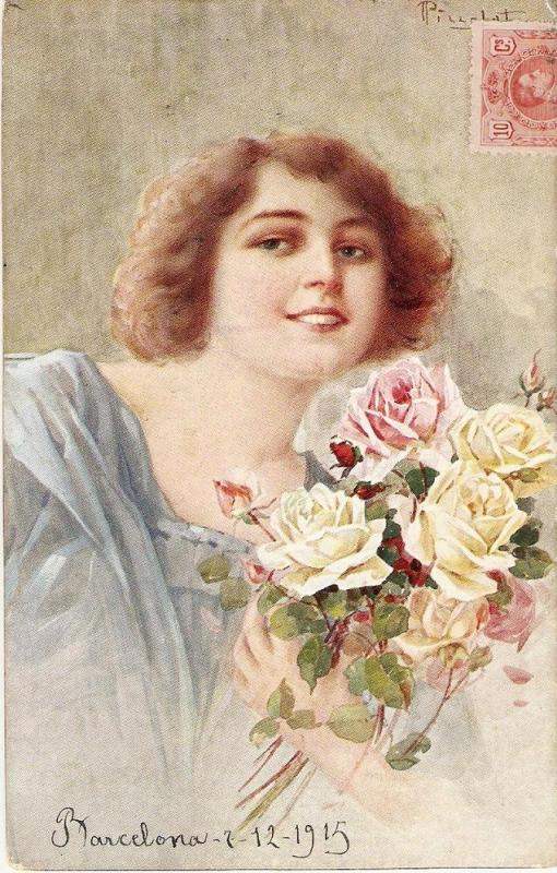 \Lady with Flowers Bunch\ Nice  vintage Spanish Postcard