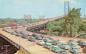 WINDSOR ONTARIO CA~MOTOR TRAFFIC~AMBASSADOR BRIDGE-2 MILES LONG-1950s POSTCARD