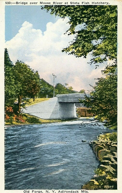 Postcard  Bridge over Moose River at State Fish Hatchery, Old Forge, NY.  R8