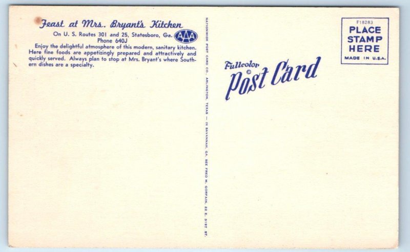 STATESBORO, GA Georgia ~  Roadside MRS. BRYANT'S KITCHEN  c1950s Cars  Postcard