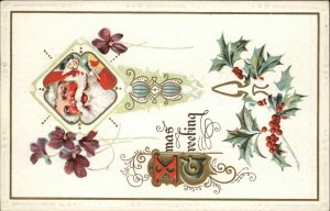 Christmas Santa Claus with Gifts Holly Border Embossed Vintage Postcard