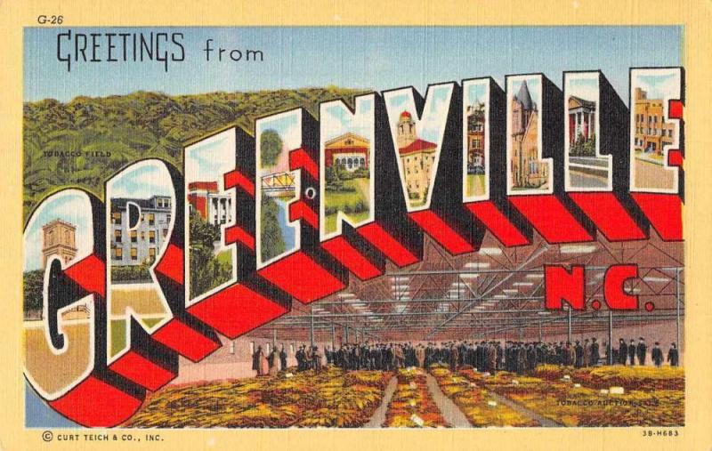 Greenville North Carolina Greetings From large letter linen antique pc Z49734