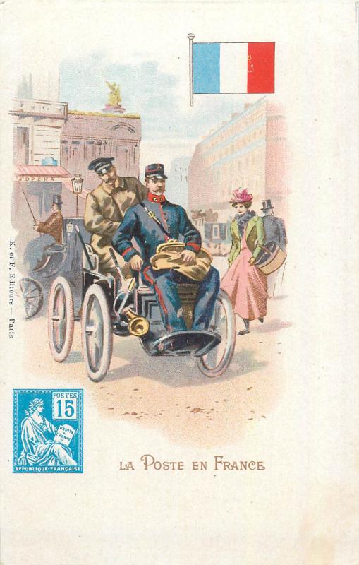 Mail in France ( Poste en France ) postman flag stamp chromo litho postcard 