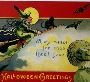 Halloween Postcard Fantasy Witch Moon Bats Victorian Lady EC Banks Albert Wilson