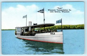 LAKE GENEVA, WI ~ TULA Ship Wisconsin Transportation Co. c1940s Linen Postcard