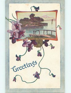 Divided-Back LAKE SCENE & BEAUTIFUL VIOLET FLOWERS o9315