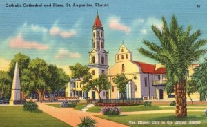 ?Vintage Postcard 1930's Catholic Cathedral and Plaza St. Augustine Florida FL