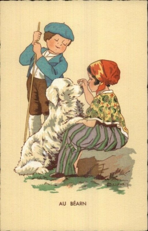 Renoud - French Children & Dog Native Costumes AU BEARN c1920 Postcard 