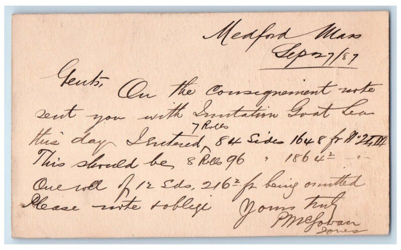 1887 PM Gowan Converse Stanwood Medford Boston Massachusetts MA Postal Card
