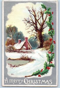 Christmas Postcard Holly Berries House Winter Scene Embossed Madison SD c1910's