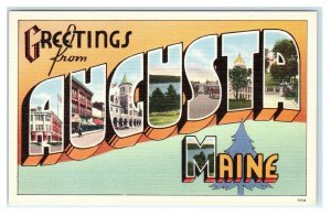 AUGUSTA, ME Maine ~ LARGE LETTER LINEN  c1950s Kennebec County Tichnor Postcard