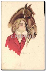 Old Postcard Woman Riding Equestrian Horse