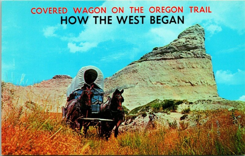 Vtg Postcard Conestoga Wagon Covered Wagon on Oregon Trail How West Began